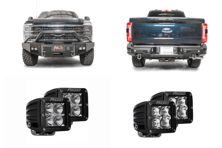 Adventure-ready 2024 Ford F250 Super Duty featuring Fab Fours bumpers and Rigid lighting system
