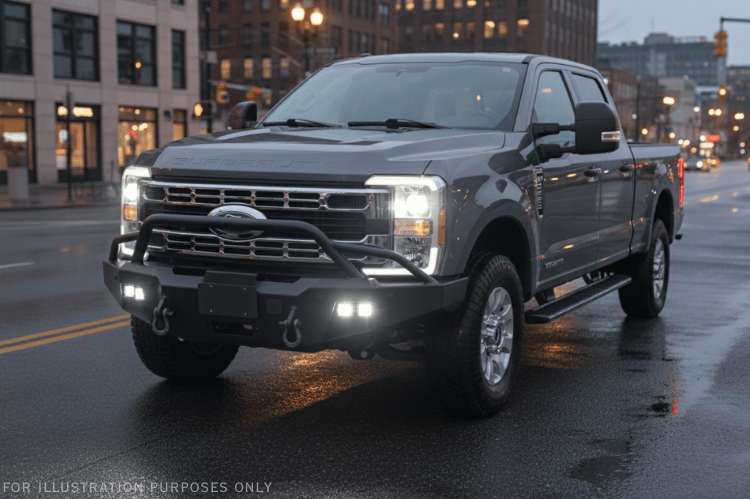 Adventure-ready 2024 Ford F250 Super Duty featuring Fab Fours bumpers and Rigid lighting system