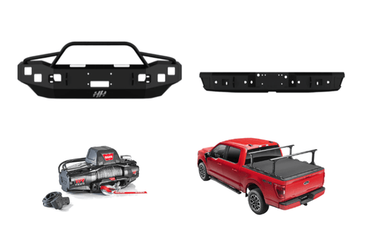 Overland Adventure Kit for a 2004 Ford F250, optimized for heavy-duty service with Hammerhead bumpers, Warn winch and Truxedo rack.