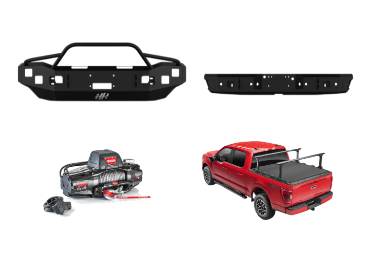 Overland Adventure Kit for a 2004 Ford F250, optimized for heavy-duty service with Hammerhead bumpers, Warn winch and Truxedo rack.