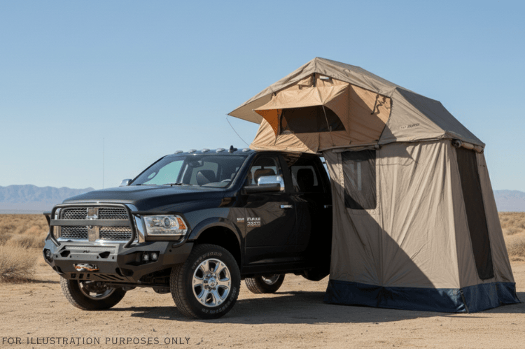 Overland Adventure Kit for a 2018 Dodge Ram 2500, built to thrive under pressure with Fab Fours bumpers, Warn winch, Truxedo rack and ARB rooftop tent.
