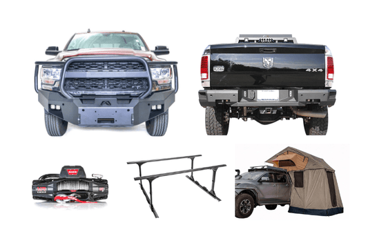 Overland Adventure Kit for a 2024 Dodge Ram 2500, engineered for extreme-duty demands with Fab Fours bumpers, Warn winch, Truxedo rack  and ARB rooftop tent.