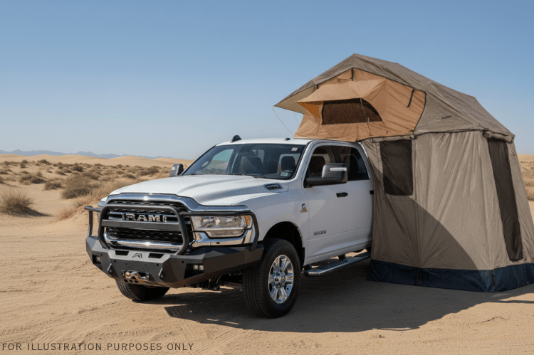 Overland Adventure Kit for a 2024 Dodge Ram 2500, engineered for extreme-duty demands with Fab Fours bumpers, Warn winch, Truxedo rack  and ARB rooftop tent.