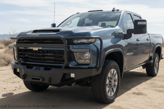 2025 Chevrolet Silverado 2500HD equipped with the Overland Adventure Kit, featuring Fab Fours front and rear bumpers, WARN VR EVO 12-S winch, TruXedo Elevate FS rack, and ARB rooftop tent for off-road adventure and cargo versatility