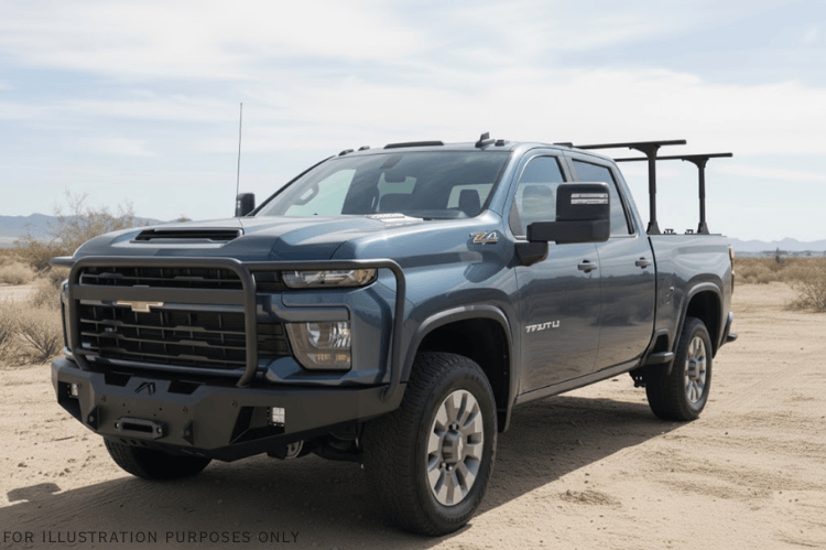 2025 Chevrolet Silverado 2500HD equipped with the Overland Adventure Kit, featuring Fab Fours front and rear bumpers, WARN VR EVO 12-S winch, TruXedo Elevate FS rack, and ARB rooftop tent for off-road adventure and cargo versatility