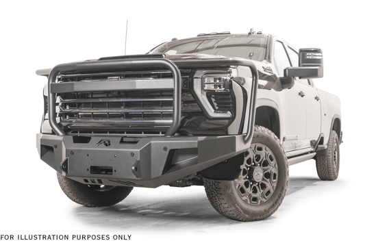 2025 Chevrolet Silverado 2500HD equipped with the Overland Adventure Kit, featuring Fab Fours front and rear bumpers, WARN VR EVO 12-S winch, TruXedo Elevate FS rack, and ARB rooftop tent for off-road adventure and cargo versatility