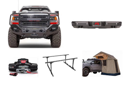 2023 GMC Sierra 2500HD Overland Adventure Kit with Fab Fours bumper, Warn winch, Truxedo rack and, ARB rooftop Tent.
