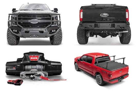 Overland Adventure Kit installed on a 2022 Ford F250 Superduty with Fab Fours bumpers, Warn winch, and Truxedo rack built for any terrain