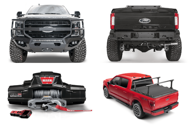 Overland Adventure Kit installed on a 2022 Ford F250 Superduty with Fab Fours bumpers, Warn winch, and Truxedo rack built for any terrain