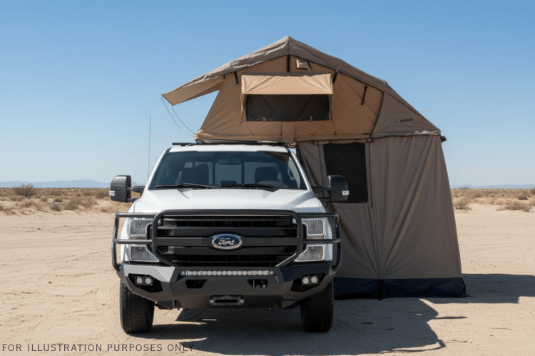 Overland Adventure Kit installed on a 2022 Ford F250 Superduty with Fab Fours bumpers, Warn winch, Truxedo rack and ARB roof tent built for any terrain.