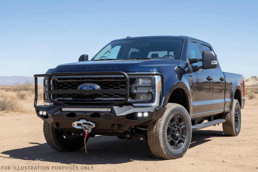 2023 F250 Superduty Overland Adventure Kit featuring Fab Fours bumpers, Warn winch, Truxedo rack and ARB roof tent ready for off-road adventures.