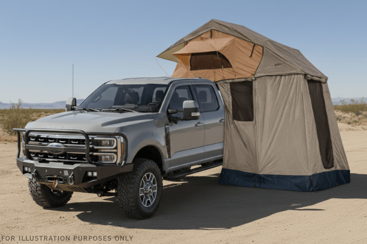 Overland Adventure Kit for a 2024 Ford F250 Superduty , Built for heavy-duty performance with Fab Fours bumpers, Warn winch,Truxedo rack, Rails and Roof tent. 