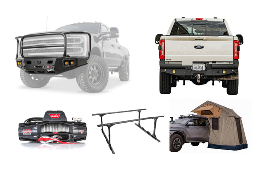 Overland Adventure Kit for a 2025 Ford F250, perfected for long-term durability with Warn & Road Armor bumpers, Warn winch, Truxedo rack and ARB rooftop tent.