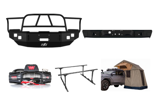 Overland Adventure Kit for a 2005 Dodge Ram 2500, optimized for maximum strength with Hammerhead bumpers, Warn winch, Truxedo rack and ARB rooftop tent.