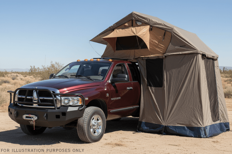 Overland Adventure Kit for a 2005 Dodge Ram 2500, optimized for maximum strength with Hammerhead bumpers, Warn winch, Truxedo rack and ARB rooftop tent.