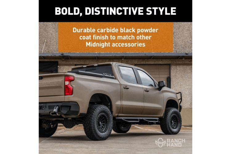 Ranch Hand Midnight MRSD101C6B6S nerf bars for Dodge Ram 1500 (2009–2024), providing rugged side protection, secure footing, and a blacked-out appearance.