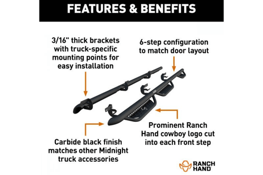 Ranch Hand Midnight nerf bars MRSD101C6B6S for 2009–2026 Dodge Ram 2500/3500, featuring durable construction and a stealth black finish.