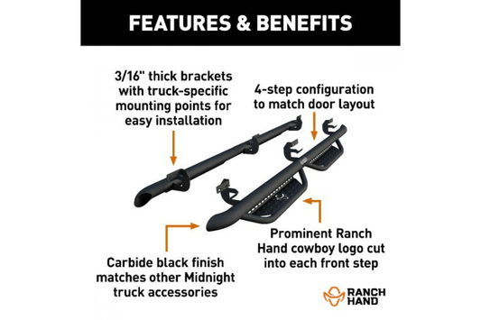 Ranch Hand Midnight MRSF151C1B4S step bars for Ford F450 Super Duty (2017–2026), offering rugged performance, easy truck access, and stealth black styling.