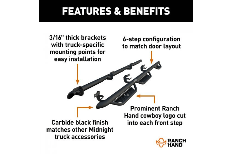 Midnight Ranch Hand truck nerf bars MRSF171S8B6S for 2015-2026 Ford F150, durable nerf bars truck for easy access.