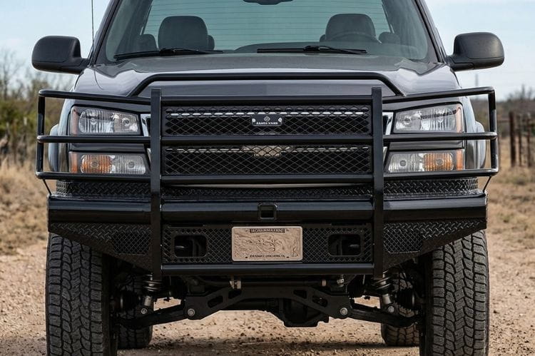 Front view of Ranch Hand FBC031BLR front bumper for 2003–2007 Chevy Silverado 2500HD and 3500 Classic trucks in a desert setting