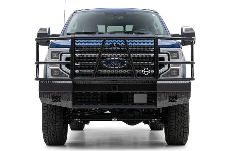 Ranch Hand FBF235BLR Sport Series winch-ready front bumper for 2023-2026 Ford F250 and F350 Super Duty, featuring a full grille guard and 1/4 inch steel winch plate.