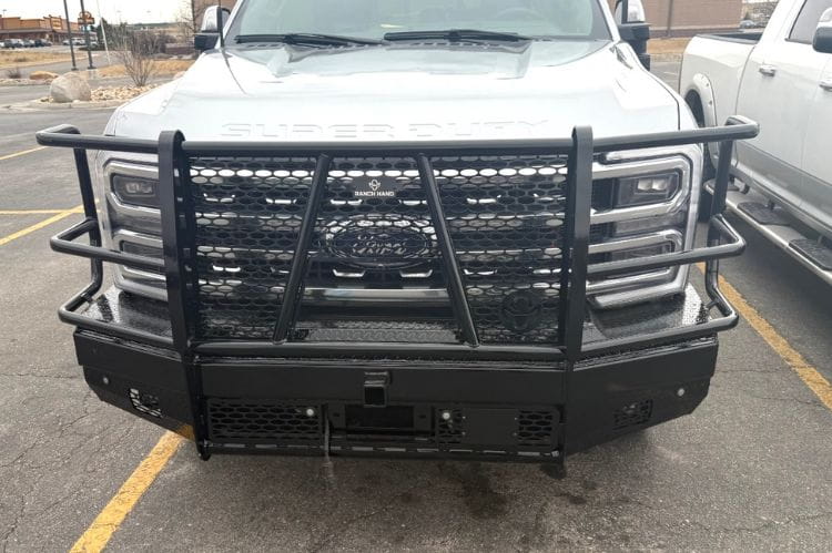 Ranch Hand FBF235BLR Sport Series Front Bumper with Grille Guard for 2023-2026 Ford F250 F350 Super Duty, Winch Ready Black Steel Bumper.
