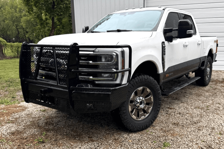 Side view of Ranch Hand Sport Series front bumper with grille guard for Ford F250/F350 Superduty 2023–2025