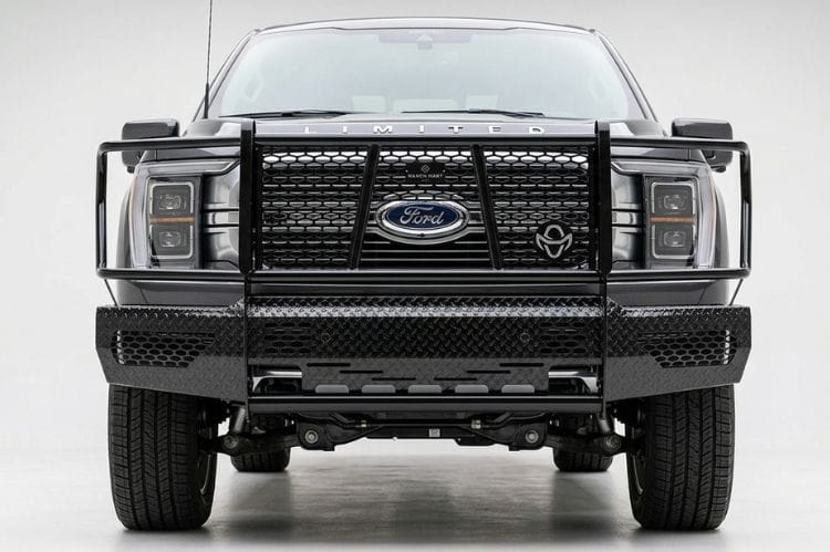 Ranch Hand FSF21HBL1C Summit Front Bumper with Grille Guard for 2021–2023 Ford F-150, featuring adaptive cruise control compatibility and durable diamond-plate steel construction.