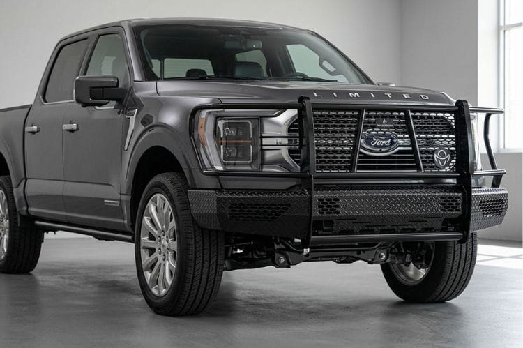 Ranch Hand FSF21HBL1C Summit Front Bumper with Grille Guard for 2021–2023 Ford F-150, featuring adaptive cruise control compatibility and durable diamond-plate steel construction.