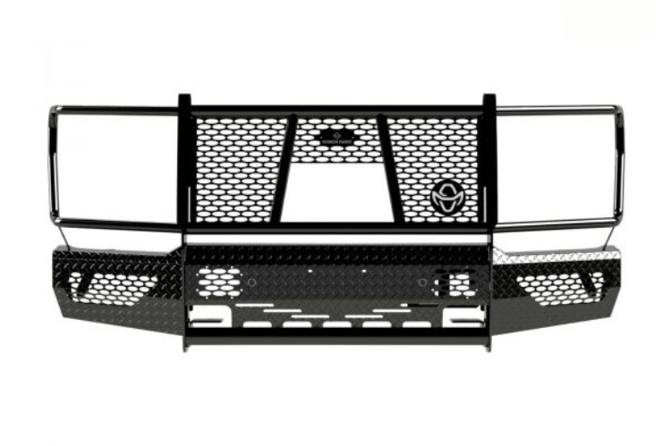 Ranch Hand FSF21HBL1C Summit Front Bumper with Grille Guard for 2021–2023 Ford F-150, featuring adaptive cruise control compatibility and durable diamond-plate steel construction.