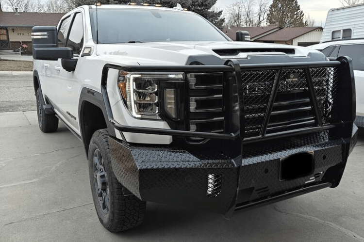 Ranch Hand FSG201BL1C Summit Front Bumper for 2020–2023 GMC Sierra 2500HD and 3500HD, featuring durable black powder-coated steel and compatibility with factory front camera systems.