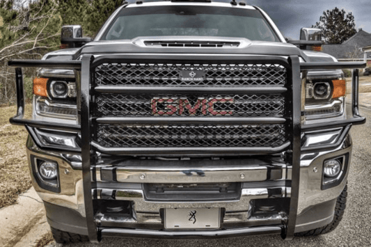 Ranch Hand GGG151BL1 Legend Series Grille Guard mounted on a 2015–2019 GMC Sierra 2500HD, featuring wraparound headlight protection and heavy-duty steel construction.