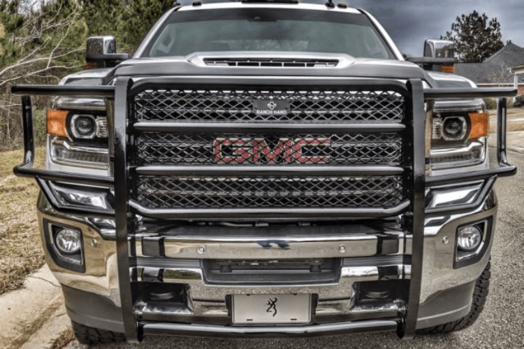 Ranch Hand GGG151BLS Legend Series Grille Guard installed on a 2015–2019 GMC Sierra 2500HD, showing full front-end protection with durable black powder-coated steel construction.
