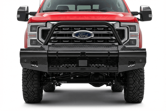 Ranch Hand BTF231BLR Legend Series Bullnose front bumper for 2023-2025 Ford F250 and F350 Super Duty, featuring a heavy-duty pipe steel frame and off-road single hoop design.