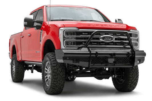 Ranch Hand BTF231BLR Legend Series Bullnose front bumper for 2023-2026 Ford F250 and F350 Super Duty, featuring a heavy-duty pipe steel frame and off-road single hoop design.