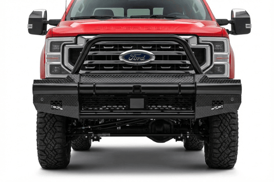 Ranch Hand BTF231BLR Legend Series Bullnose front bumper for 2023-2026 Ford F250 and F350 Super Duty, featuring a heavy-duty pipe steel frame and off-road single hoop design.