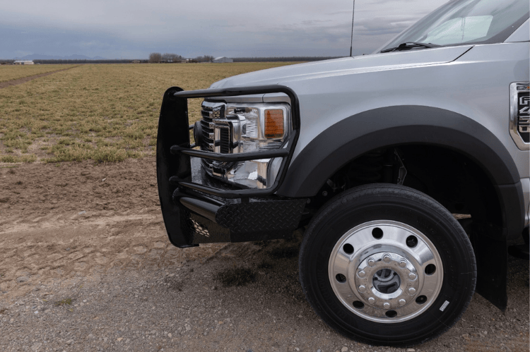 Close-up of a Ranch Hand Legend Series Front Bumper FBF201BLRC with Camera Access for 2017-2022 Ford F-250 and F-350 Super Duty