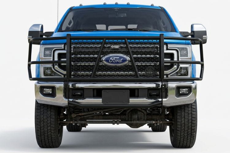 Front view of a blue Ford truck with Ranch Hand Legend Series Grille Guard for 2023-2026 Ford F250 and F350 Super Duty, heavy-duty black pipe steel