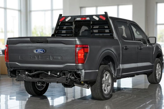 Gray Ford truck with Ranch Hand Legend Series Headache Rack with Lights for 2004-2026 Ford F150, heavy-duty black pipe steel cab protector