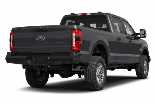 Ranch Hand BBF231BLSS Legend Series rear bumper for 2017-2026 Ford F250 and F350 Super Duty, featuring 4-inch schedule 40 pipe steel and sensor-ready mounting.