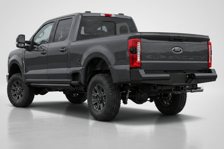 Ranch Hand BBF231BLSS Legend Series rear bumper for 2017-2026 Ford F250 and F350 Super Duty, featuring 4-inch schedule 40 pipe steel and sensor-ready mounting.