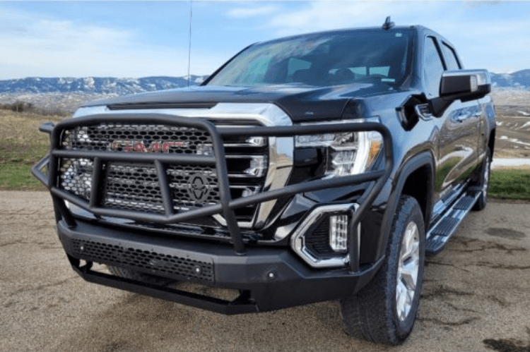 Ranch Hand MFG19HBM1 Midnight Series Front Bumper with Grille Guard for 2019-2021 GMC Sierra 1500, black powder-coated heavy-duty steel bumper.