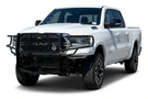 Black Ranch Hand Legend grille guard installed on a 2019-2026 Ram 1500, heavy-duty truck front grille guard for front-end protection