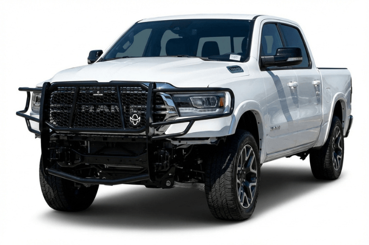 Black Ranch Hand Legend grille guard installed on a 2019-2026 Ram 1500, heavy-duty truck front grille guard for front-end protection