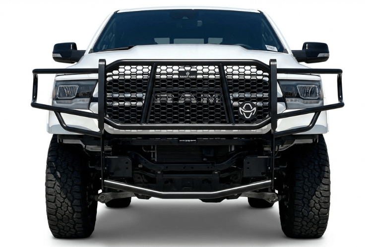 Black Ranch Hand Legend grille guard installed on a 2019-2026 Ram 1500, heavy-duty truck front grille guard for front-end protection
