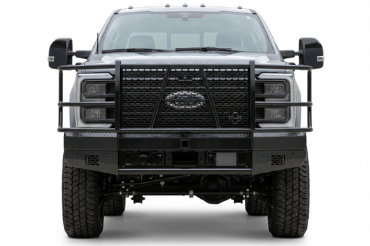 Ranch Hand FBF235BLR Sport Series winch-ready front bumper for 2023-2026 Ford F250 and F350 Super Duty, featuring a full grille guard and 1/4 inch steel winch plate.
