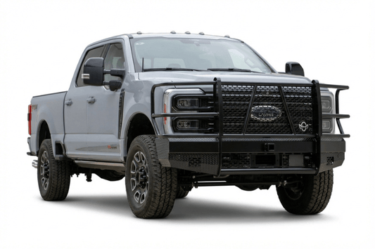 Ranch Hand FBF235BLR Sport Series winch-ready front bumper for 2023-2026 Ford F250 and F350 Super Duty, featuring a full grille guard and 1/4 inch steel winch plate.