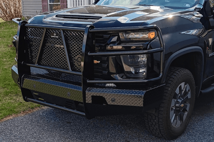 Ranch Hand Summit front bumper grille guard Chevy Silverado 2500HD 2020-2023 angled front view on a driveway.