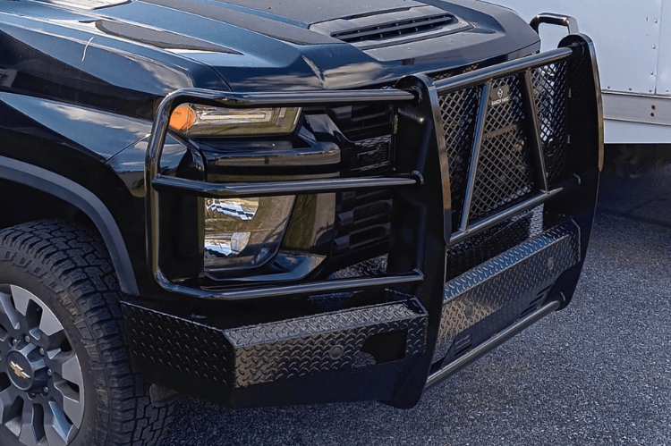 Close-up of a Ranch Hand Summit front bumper grille guard Chevy Silverado 2500HD 2020-2023 angled front view.
