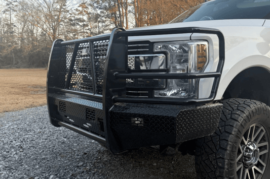 Close-up of a Ranch Hand Summit Series Front Bumper for 2017-2022 Ford F250/F350 Super Duty in Black Finish